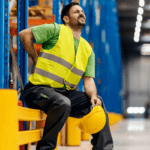 A man in a factory having extreme back pain.