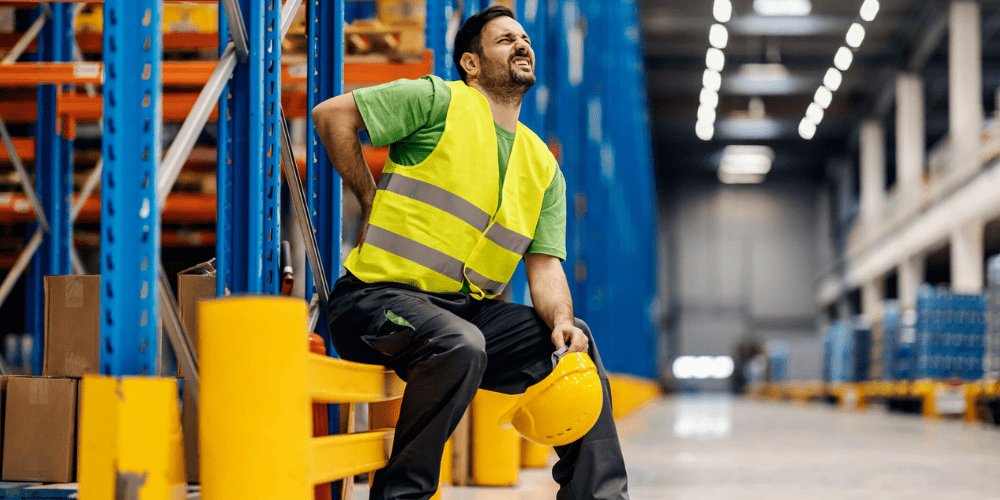 A man in a factory having extreme back pain.